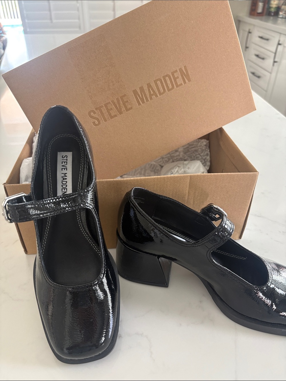 Steve Madden Black Patent Mary Jane Block Heels